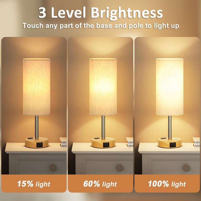 Fenmzee Small Touch Table Lamps Set of 2-3-Way Dimmable, USB