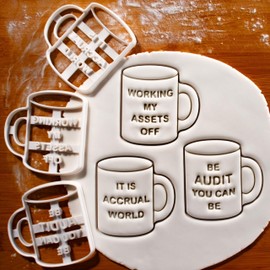 BAKERLOGY Set of 3 Funny Accountant Jokes Mug-Shaped Cookie Cutters (Working My Assets Off, Be Audit You Can Be, It Is Accrual World)
