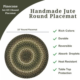 Homespice - Pinecone Jute Placemats Green Mixed with Tan, Black, and Brown, a Pair of Round Placemats to Use as Dining Placemats - Easy Clean & Absorbs Spills - Premium Placemats Set of 2, 15 Inches