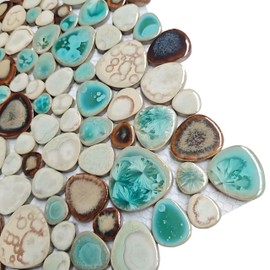 Hominter Pebble Porcelain Tile Turquoise Green Cream and Coffee Mosaic Waterproof Ceramic Tiles Flooring for Kitchen Bath Backsplash Pool Tile Shower Floor & Wall (5 Square Feet)