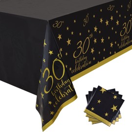 Gatherfun 30th Birthday Disposable Tablecloth 4 Pack Gold and Black Waterproof Plastic Table Cover for Men Woman 30 Birthday Party Decorations