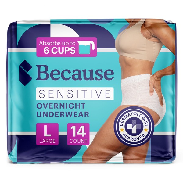 Because Adult Incontinence Underwear for Sensitive Skin - Women - Premium Overnight Disposable Briefs, Anti Odor - White, Large - Absorbs 6 Cups - 14 Count (Pack of 1)