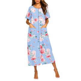 Ekouaer Women Robes Zipper Front Short Sleeve Full Length Housecoat with Pockets Loungewear Blue Fower,S