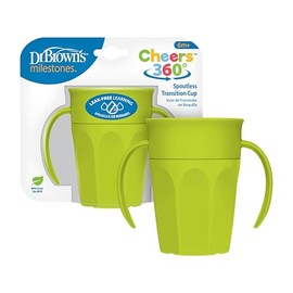 Dr. Brown's Milestones Cheers 360 Taza de transición sin boquilla con asas, apto para viajes y sin fugas para bebés y niños pequeños, verde, sin BPA, 