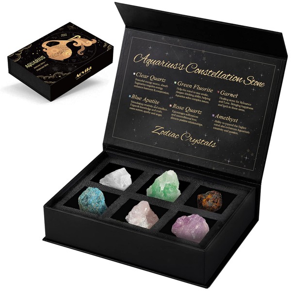 Aquarius Crystals Gift Set, Zodiac Sign Healing Crystals Birthstones with Horoscope Box Set Aquarius Astrology Crystals Healing Stones Gifts