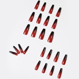 Ceboic Pack of 24 Glue-On Nails, Medium Coffin, French Artificial Nails, Red Black Gradient Artificial Nails, Press On Nails, Acrylic Full Cover Ballerina Fake Nails for Women and Girls