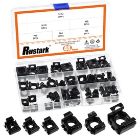 Rustark 48Pcs 6 Sizes Black Carbon Steel Cage Nut Metric Snap-in Cage Nuts Square Rack Mount Clip Nuts Captive Nut Rack Nuts for Server Shelve Cabinet