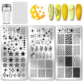 PH PandaHall 3pcs Star Moon Nail Stamping Plates Falling Stars Nail Art Plates Pentagram Patterns Manicure Art Templates Night Sky Nails Stamper Plate for Women DIY Manicures Salon Printing Design