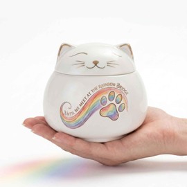 Cat Urn for Ashes, 3 Inch Ceramic Pet Memorial Urn with Sleeping Cat and Rainbow Bridge Design, Cat Shaped Lid Keepsake Funeral Urn (Rainbow Bridge)