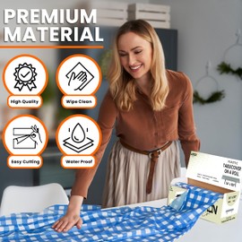 LEMON + Co. Blue Gingham Premium Plastic Tablecloth Roll - 54" x300' for Parties with Cutter Box - Cut to Size Rectangle & Round Disposable Tablecloth Plastic Table Cover
