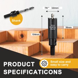 7/8 inch Hole Saw for Metal and Plywood, Bi-Metal Circular Wood Drill Bit Cutting 1.75” Deep with Hex Shank for Drywall, Fiberglass, Plasterboard, Acrylic and Sheet Steel