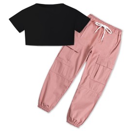 SANGTREE Women Clothes 2 Piece Set, Black Short Sleeve Crop Tops and Pink Cargo Jogger Pants Clothes, Small