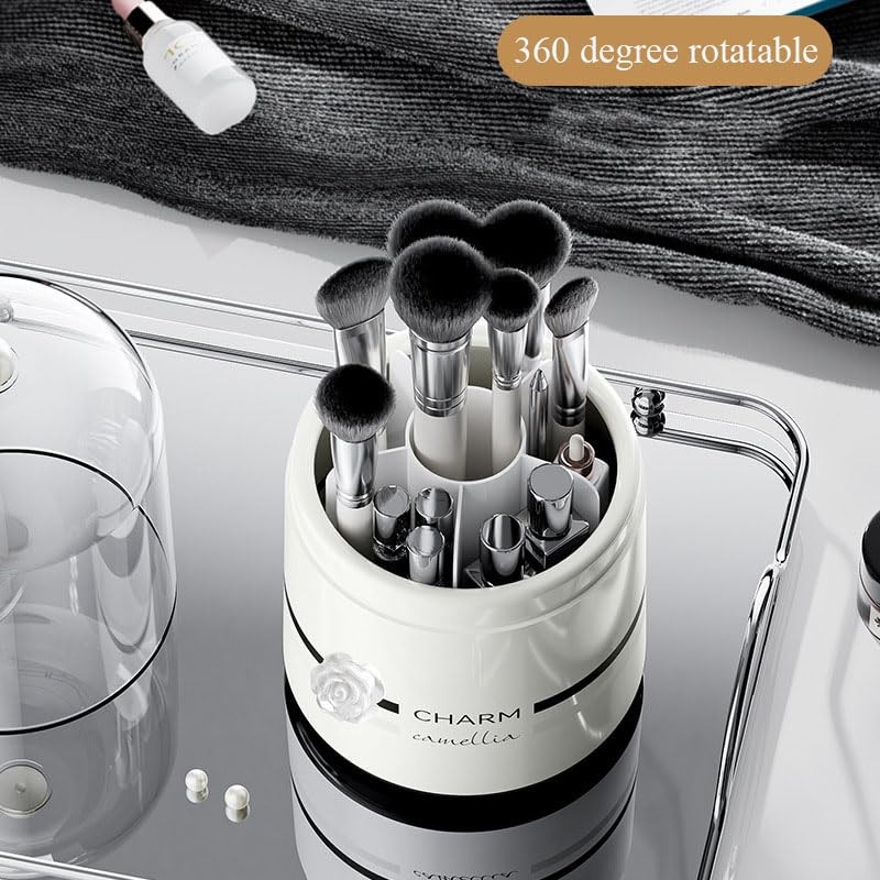 Hosoncovy Clear Makeup Brushes Holder Rotating Organiser with Lid Dustproof