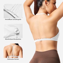 ZAAYO Women's Sports Bra Without Underwire Strong Hold Backless Push Up Bra Padded Bandeau Criss-Cross Straps Adjustable Bra for Yoga Fitness Training Sports Top, White