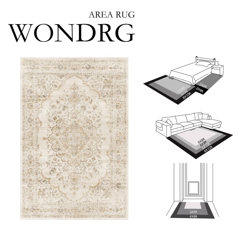 WondRg 8x10 Beige Washable Neutral Area Rug Living Room