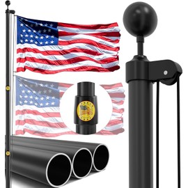 IIOPE 20FT Heavy Duty Flag Pole,14-Gauge Aluminum,Resist Strong Wind Reinforcement Ring Patent,Sectional Black Residential Flagpole Complete Kit - USA Flag,Black Ball, Aluminum Clips