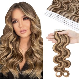 Hairro Tape in Hair Extensions 100% Real Hair, 16 Inch 50g 20pcs/pack Highlight Body Wave Hair Thin Seamless Skin Weft Glue in Wavy Hairpieces, Mocha Brown Mix Medium Blonde