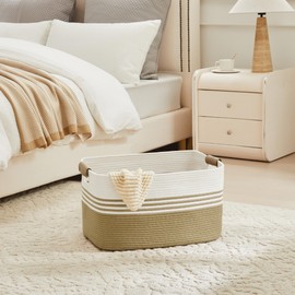 SunNewt Laundry Hamper 60L Large Blanket Storage, Blanket Basket Living Room, Toys, Towel, Dirty Clothes in Bathroom, Bedroom, Nursery Laundry Basket with Leather Handles - Khaki Color