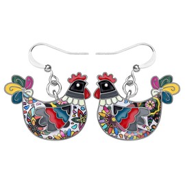 DOWAY Enamel Alloy Floral Chicken Hen Earrings Dangle Drop Charm Metal Farm Jewelry for Women Party Gift (Black)