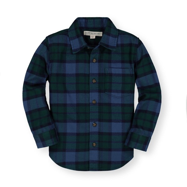 Hope & Henry Camisa de manga larga de franela de algodón cepillado con botones para niños, Cuadros grandes verdes y azul oscuro, 18-24 Meses