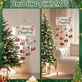 Christmas Card Holder Merry Christmas Picture Card Holders Xmas Card Display Merry Christmas Sign with 30 Snowflake Wooden Clips for Holiday Décor - Rustic Home Office Wall Decor