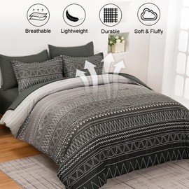 WONGS BEDDING Black Grey Boho Comforter Set King Size 7 Piece Stripe Gradient Bed Set Bed in a Bag Bedding Set for All Seasons Reversible Soft Microfiber Comforter with Sheets, Pillowcases & Shams