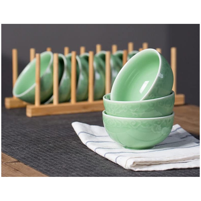 Seres Celadon Jade Green Porcelain Bowl embossed with Lucky Cloud,3