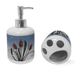 Ambesonne Cattail Soap Dispenser & Toothbrush Holder Set, Illustrated Nature Theme Reed Bush Under The Snow Dots Print Artwork, Ceramic Bathroom Toiletry Accessories, 2 Pcs, Redbrown and Ceil Blue