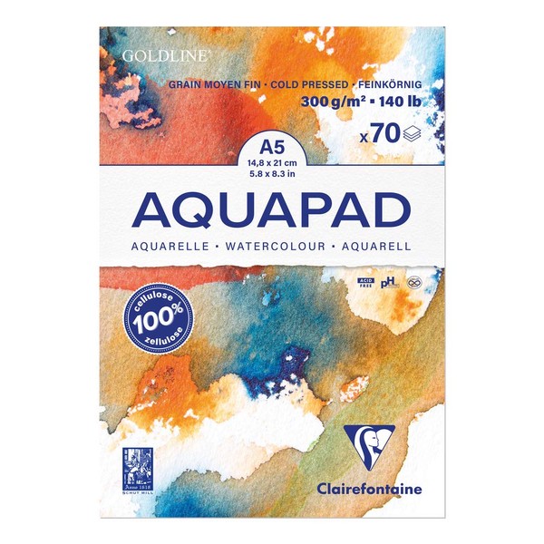 Clairefontaine Goldline Aquapad 975720C Glued Pad 70 Sheets Watercolour Paper Medium Fine Grain A5 14.8 x 21 cm 300 g