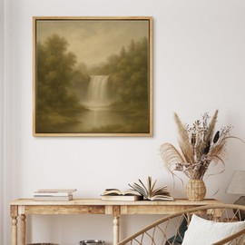 MUDECOR Framed Canvas Print Wall Art Golden Waterfall in Forest Soft Landscape Illustrations Realism Decorative Panoramic Earth for Living Room, Bedroom, Office - 16"x16" NATURAL