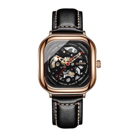 GLENAW Square Mechanical Retro Watch for Men Skeleton Self-Wind Automatic Rectangle Watches Vintage Leather Strap Wristwatch (8822-Gold Case)
