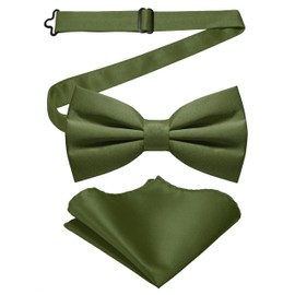JEMYGINS Mens Solid Frosted Bifold Bow Tie with Pocket Square Set, olive green