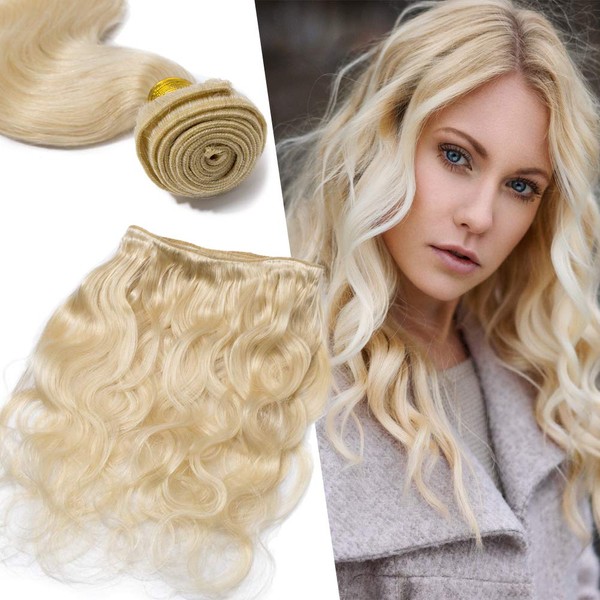 100% 7A Brazilian Remy Human Hair Weave Platinum Blonde Sew in Hair Extensions Double Weft Body Wave One Bundle 100g Thick Soft Hand Tied Hair Extensions for Women 18 inch #60