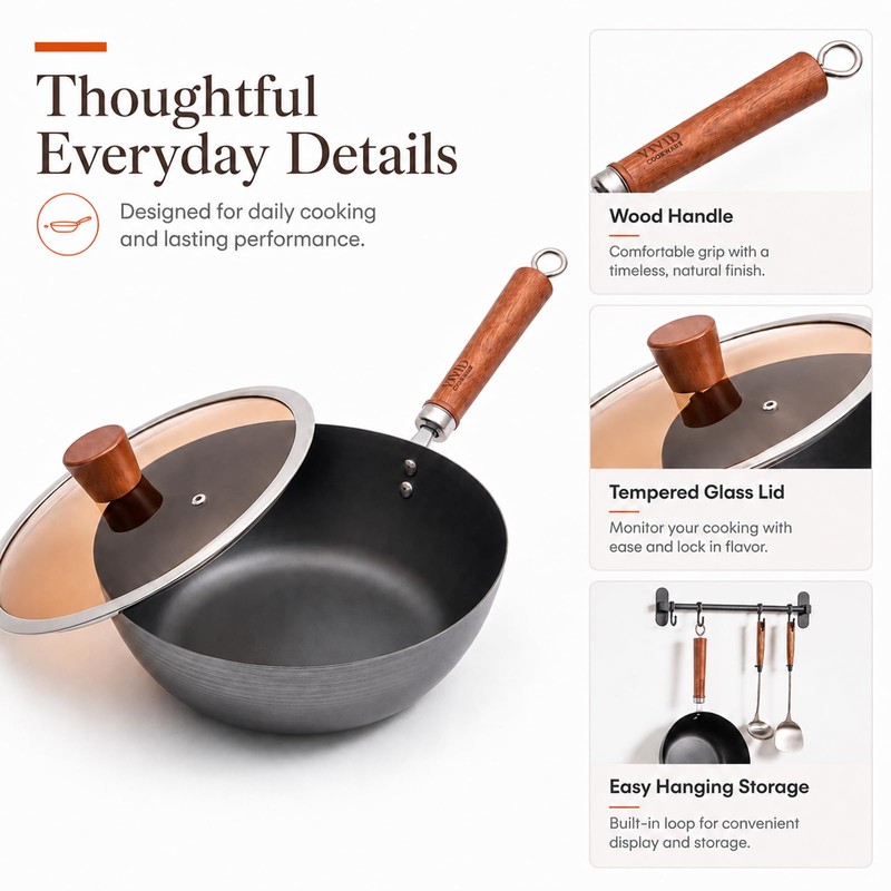 10.2-Inch Carbon Steel Wok Frying Pan with Lid, Flat Bottom