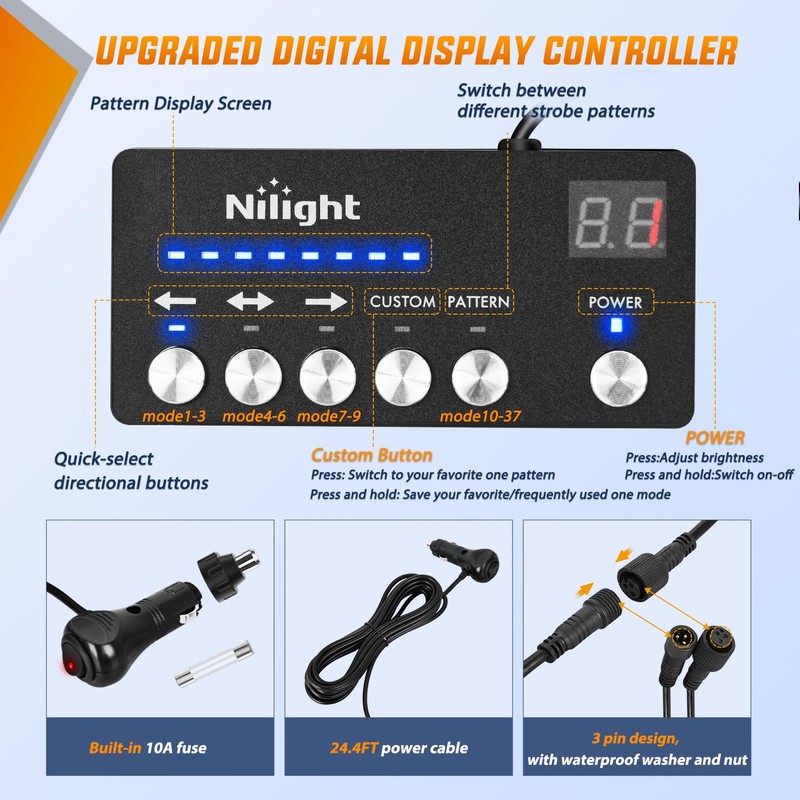Nilight 49 Inch Emergency Strobe Light Strips with Controller Amber