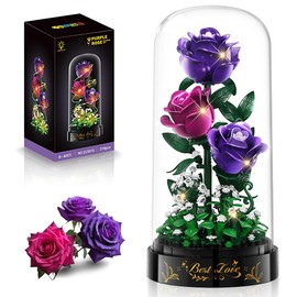 HiWEEGO Flowers Building Set with LED Light - 319 PCS Roses Bouquet with Cover Botanical Collection Building Block Toy Artificial Flower for Home Decor Christmas Birthday Gift for Adults Girl (Purple)