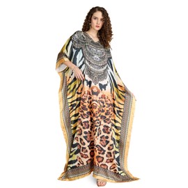 Label Aarna Soft Satin Kaftan with Digital Print and Rhinestones Handwork and Hidden Adjustable Belt Free Size [M-4XL] (IN, Alpha, Free Size, Brown Black (Majestic Roar Kaftan))