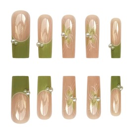 Long Press on Nails Square Fake Nails Green French Tip Nails Press ons Glossy Glue on Nails Nude False Nails with Flower Pearl Swirl Designs Artificial Stick on Nails for Women Girls 24Pcs
