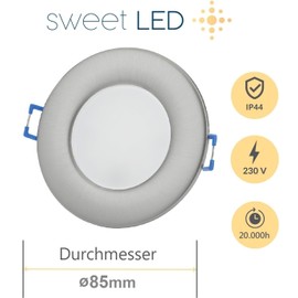 Sweet Led LED Recessed Spotlight 230 V Bathroom Dimmable IP44 - LED Spotlights Bathroom 6.5 W - 580 lm - 68 mm Hole Hole - Flat Recessed Spotlights LED Recessed Spotlights Ceiling Spotlights | 5 x