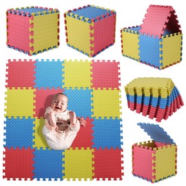 Coolcandy Foam Play Mat(16 Pcs/Set), Multi-Colored Play Mat for Baby, EVA Non-Toxic Interlocking Foam Puzzle Floor Mats, 0.4" Thick Square Kids Playmat for 47 * 47" Playpen(Red/Yellow/Blue)