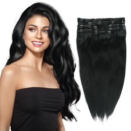 Naked Clip-In Hair Extensions by everlong, Skin Weft Scalp Imitating Invisible Base, Premium Remy Human Hair for Length & Volume, 140 Grams (14 inch, #1 Jet Black)