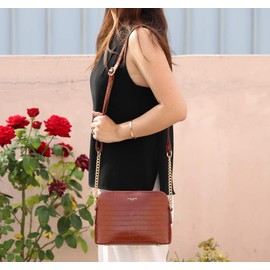 David Jones - Women's Small Crossbody Bag - Chain Shoulder Bag - Crocodile PU Faux Leather Rigid Messenger Bag - Evening Party City Clutch - Ladies Zip Handbag - Fashion Elegant Trendy - Brown