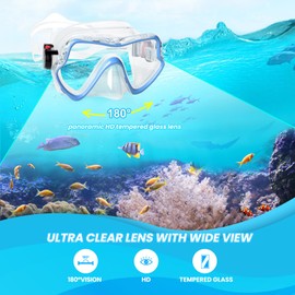 Snorkel Diving Mask, Professional Adults Snorkeling Mask Gear, Ultra Clear Tempered Glass Swim Mask Anti Leakage Swimming Goggles with Nose Cover for Men Women Youth (Aqua Blue)