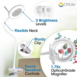 OttLite Lighted Magnifier Clip Lamp. Clearsun, White, Shipper