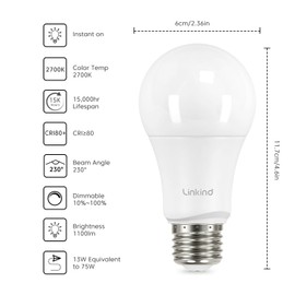 Linkind A19 LED Light Bulbs, 75 Watt Equivalent Dimmable Light Bulbs, E26 Base, 2700K Soft White, 13W 1100 Lumens, UL Listed FCC Certified, Lighting for Bedroom Living Room Home Office, 6 Packs