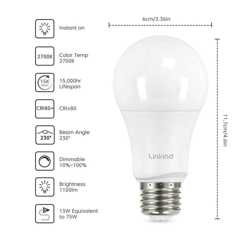 Linkind A19 LED Light Bulbs, 75 Watt Equivalent Dimmable Light