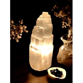 Pro Home Hand-Carved Selenite Crystal Lamp Natural White Selenite Mountain Tower Lamp for Meditation Healing Spiritual Energy Table Lamp Decoration or Gift (20cm)