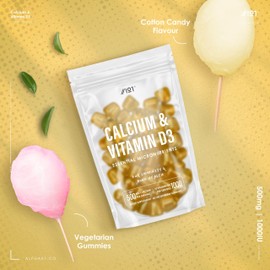 Vitamin D3 Calcium Gummies - 1000IU Vitamin D3, 500mg Calcium Per Serving - Cotton Candy Flavour - Kosher, Halal, Non GMO - 60 Vegan Gummies.