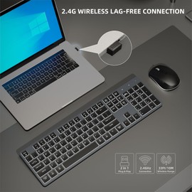 Wireless Keyboard and Mouse RGB Backlit Combo, Slim & Quiet, Rechargeable, Light Up, Jiggler, Tilt Angle, 2.4GHz Silent Keyboard Mouse for Mac Windows PC Computer, Laptop, Desktop (Space Gray)