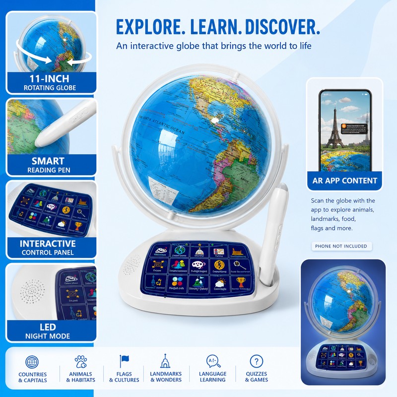 11-Inch Interactive Talking Globe for Kids - AR Geography Learning